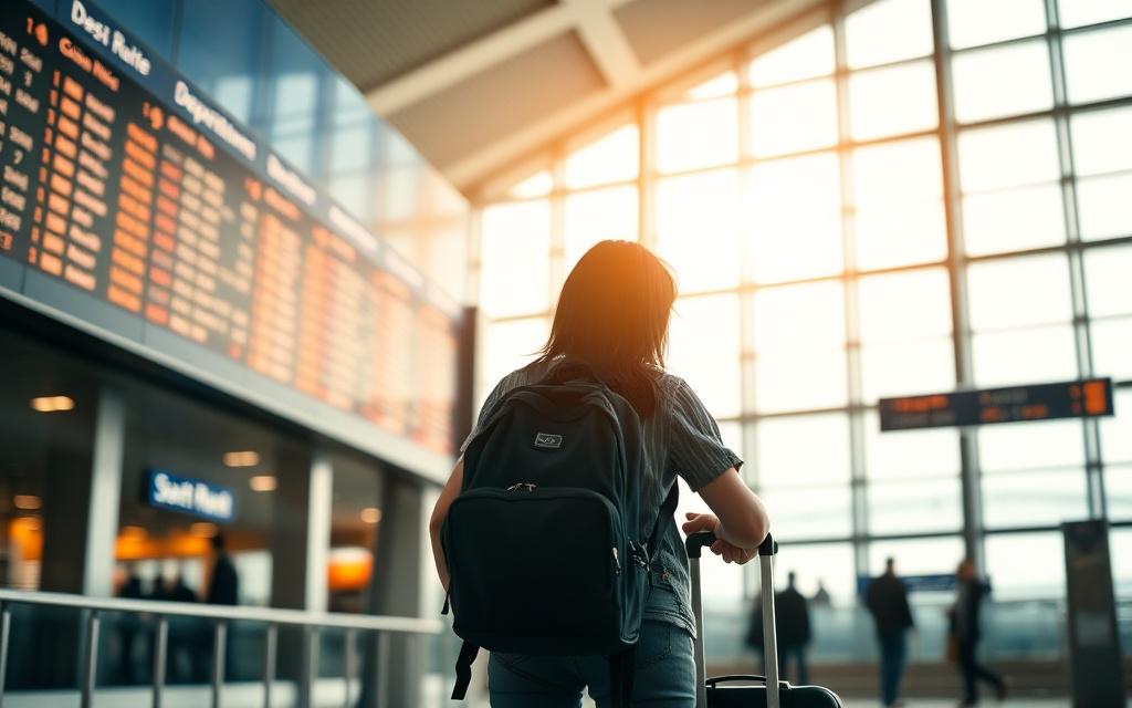 Student with luggage looking at departure boards in an airport terminal