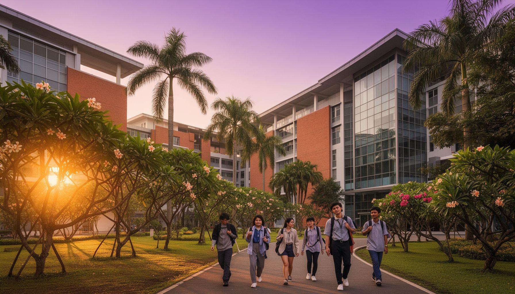 Students walking through a sunlit university campus in Malaysia