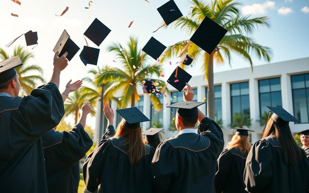 Graduates celebrating at convocation with caps in the air