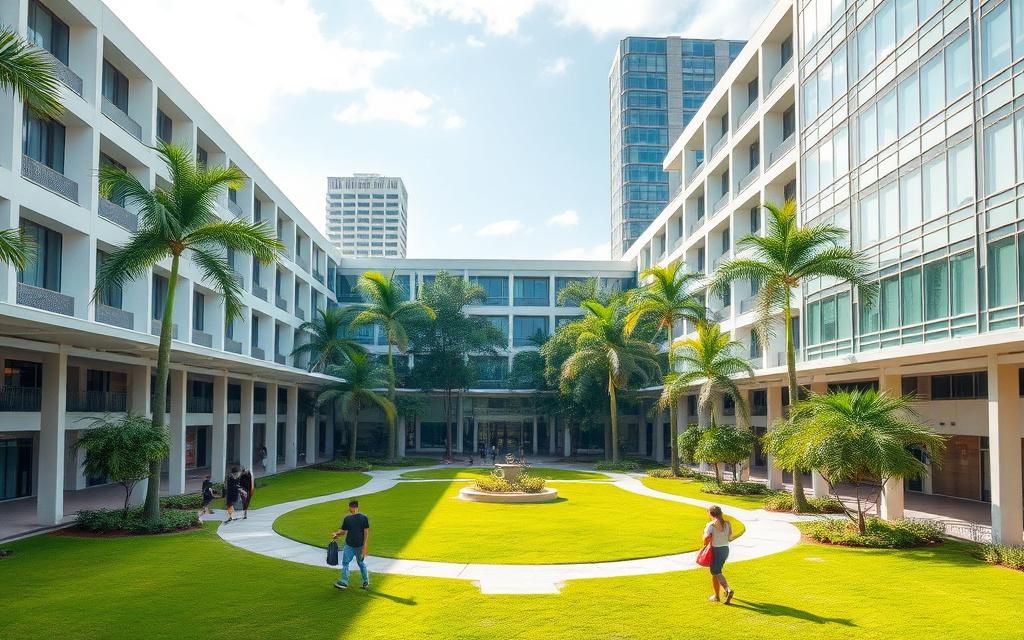 Green quad between modern faculty buildings at a Malaysian university