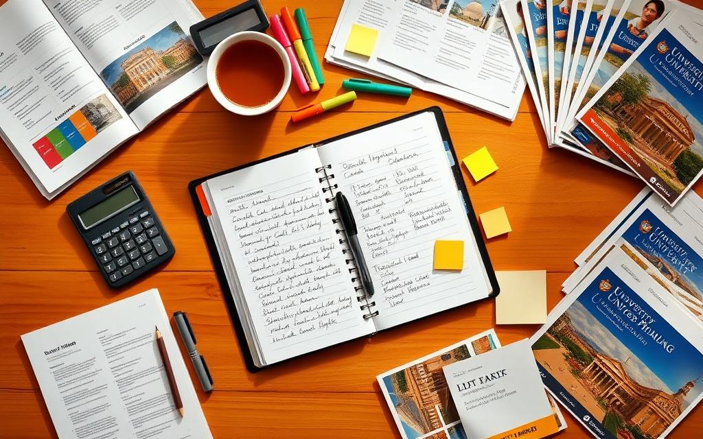Study planner, calculator and application documents arranged on a desk