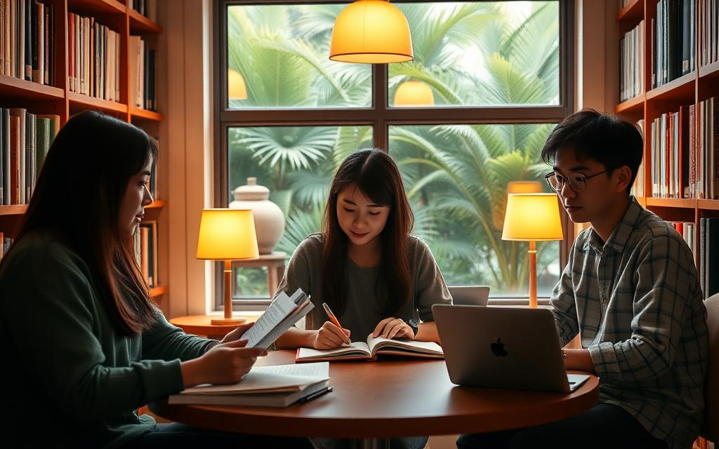 Students studying together in a bright library reading corner