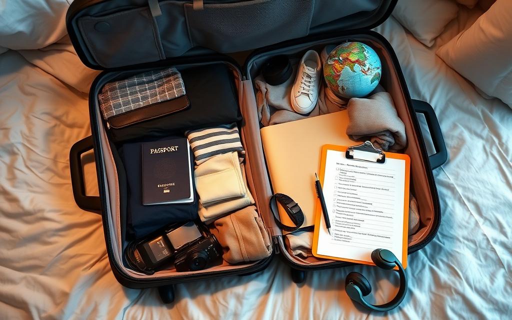 Suitcase packed alongside passport, documents and a written checklist